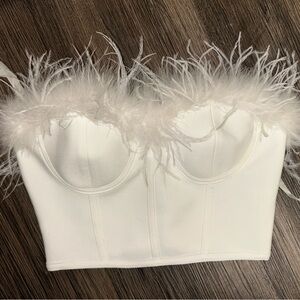 superdown White Feather-Trim Strapless Crop Bustier Ramona